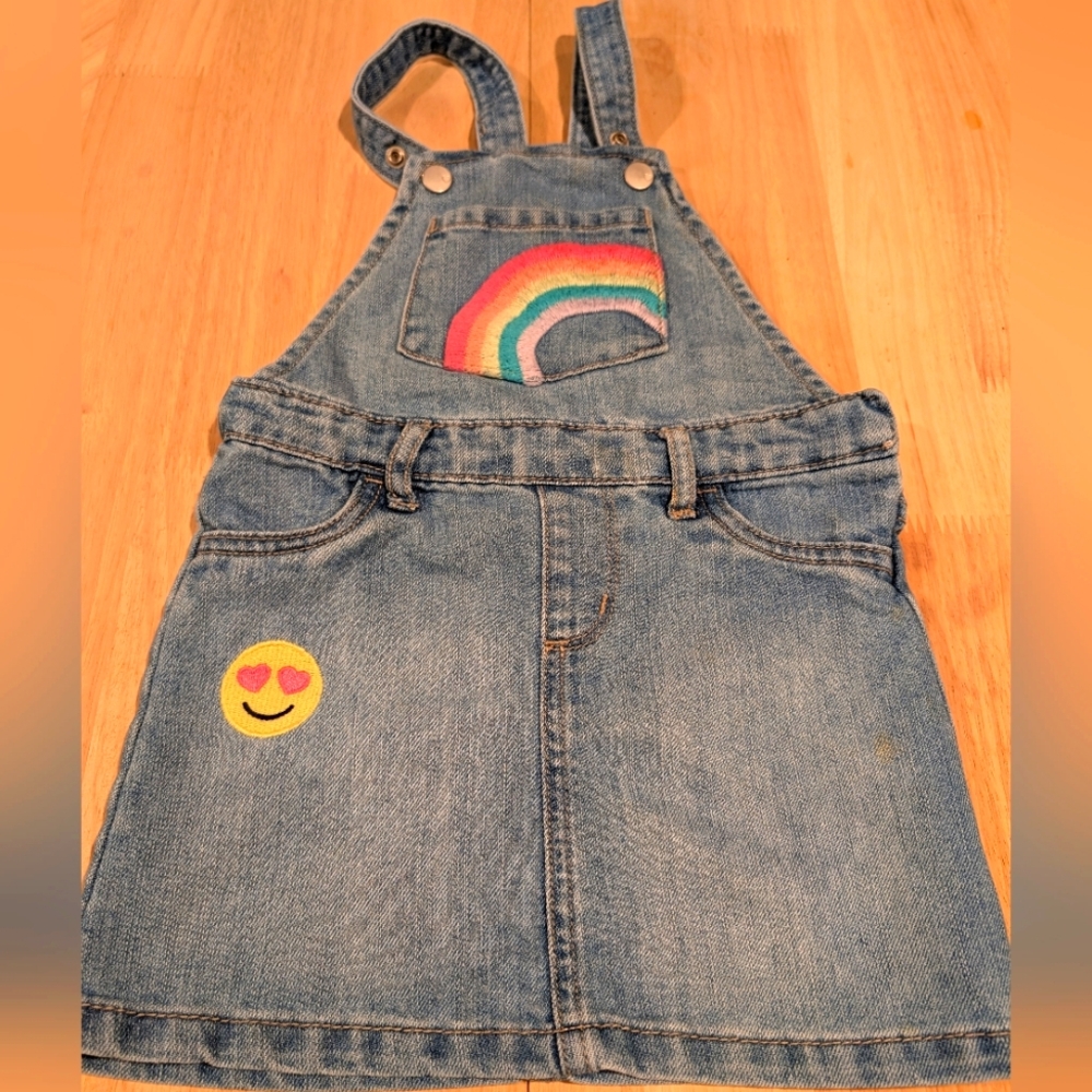 Children's Place Denim Jumper Overalls Girls Sz 3T with Smiley Face & Rainbow